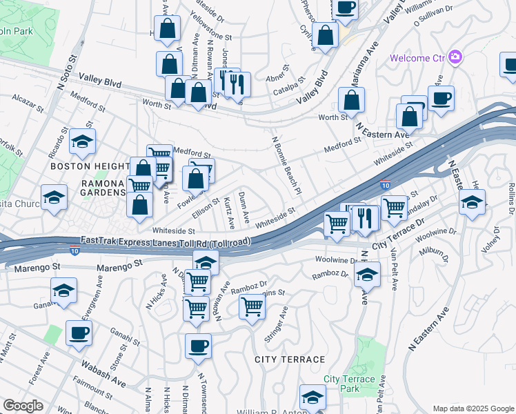 map of restaurants, bars, coffee shops, grocery stores, and more near 3721 Middle Road in Los Angeles