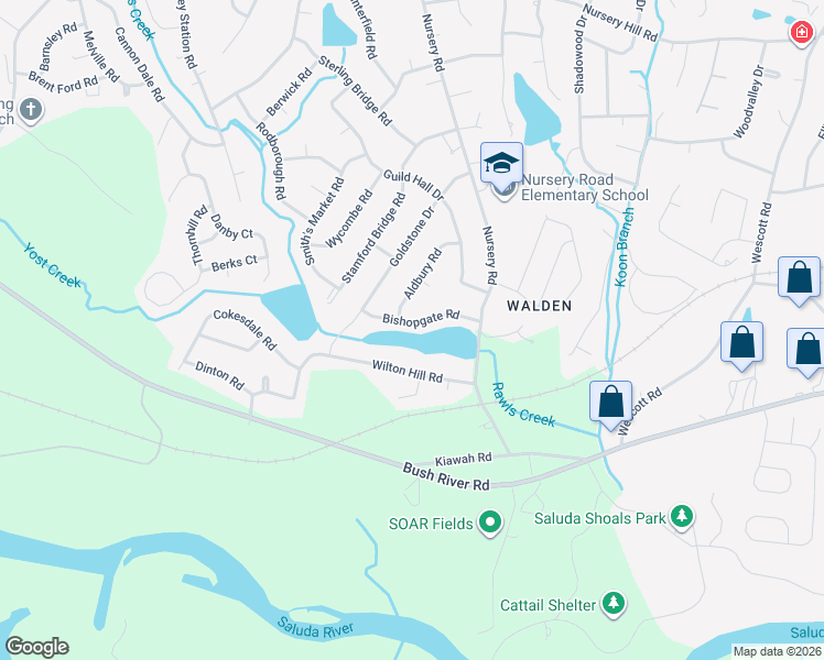 map of restaurants, bars, coffee shops, grocery stores, and more near 207 Bishopgate Road in Columbia