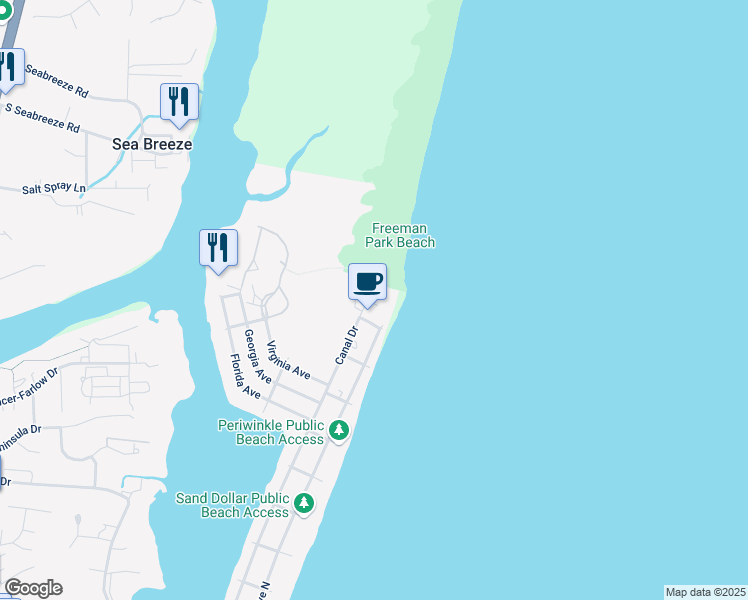 map of restaurants, bars, coffee shops, grocery stores, and more near 1810 Canal Dr in Carolina Beach
