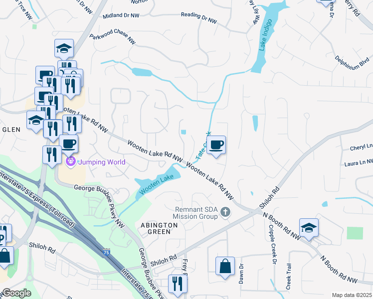 map of restaurants, bars, coffee shops, grocery stores, and more near 1036 Wooten Lake Road Northwest in Kennesaw