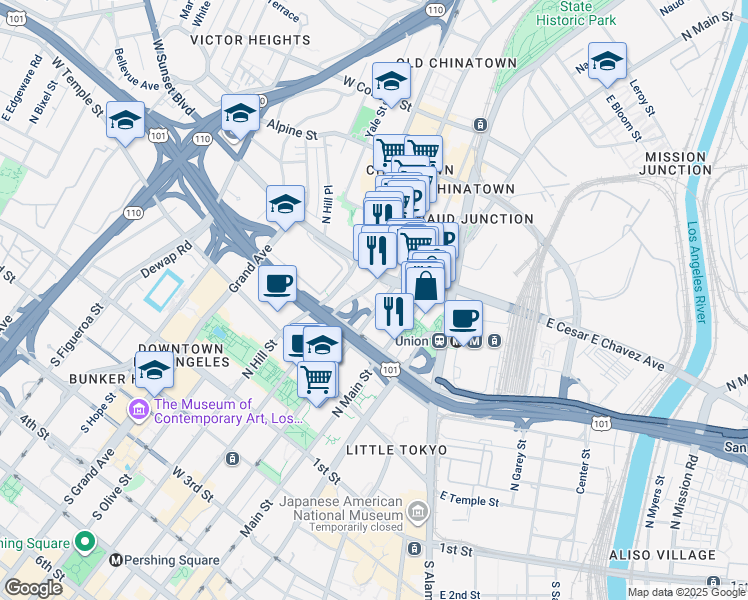 map of restaurants, bars, coffee shops, grocery stores, and more near 527 North Spring Street in Los Angeles