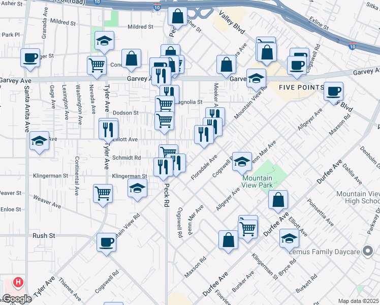 map of restaurants, bars, coffee shops, grocery stores, and more near 11335 Schmidt Road in South El Monte