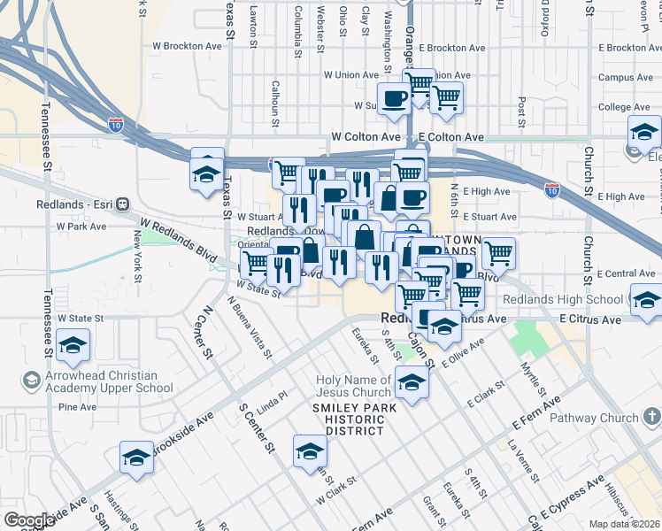 map of restaurants, bars, coffee shops, grocery stores, and more near 300 West Redlands Boulevard in Redlands