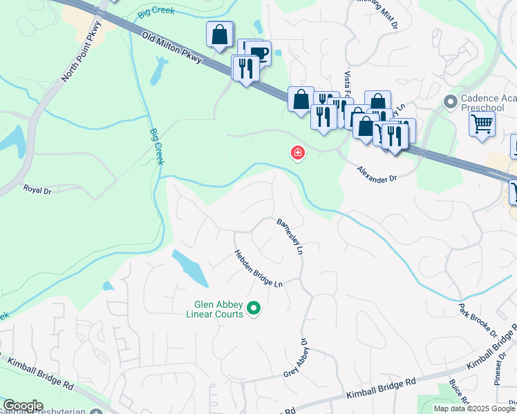 map of restaurants, bars, coffee shops, grocery stores, and more near 120 Burford Hollow in Alpharetta