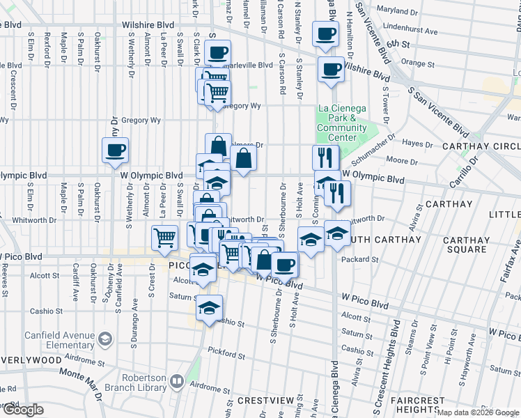 map of restaurants, bars, coffee shops, grocery stores, and more near 1055 South Bedford Street in Los Angeles