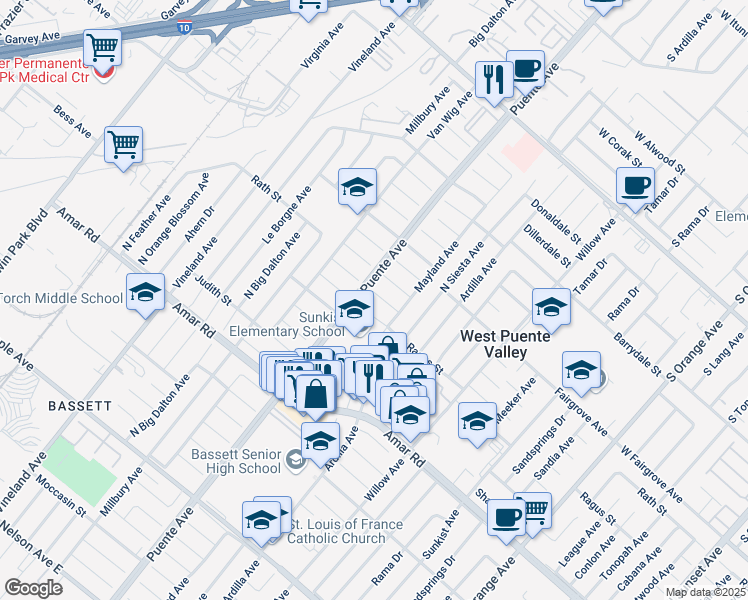 map of restaurants, bars, coffee shops, grocery stores, and more near 13914 Dancer Street in La Puente