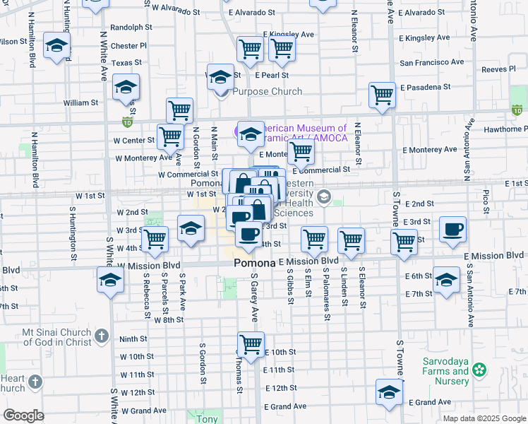 map of restaurants, bars, coffee shops, grocery stores, and more near 158 East 2nd Street in Pomona