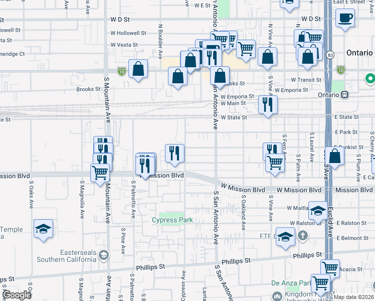 map of restaurants, bars, coffee shops, grocery stores, and more near 613 South Cypress Avenue in Ontario