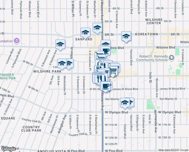 map of restaurants, bars, coffee shops, grocery stores, and more near 816 South Saint Andrews Place in Los Angeles
