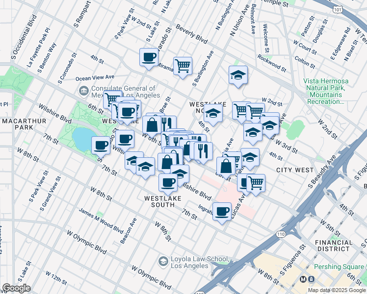 map of restaurants, bars, coffee shops, grocery stores, and more near 526 South Union Avenue in Los Angeles