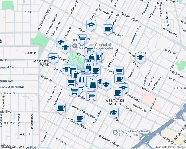 map of restaurants, bars, coffee shops, grocery stores, and more near 2007 Wilshire Boulevard in Los Angeles