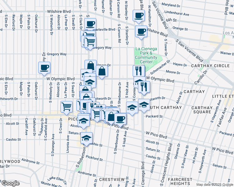 map of restaurants, bars, coffee shops, grocery stores, and more near 1055 South Sherbourne Drive in Los Angeles