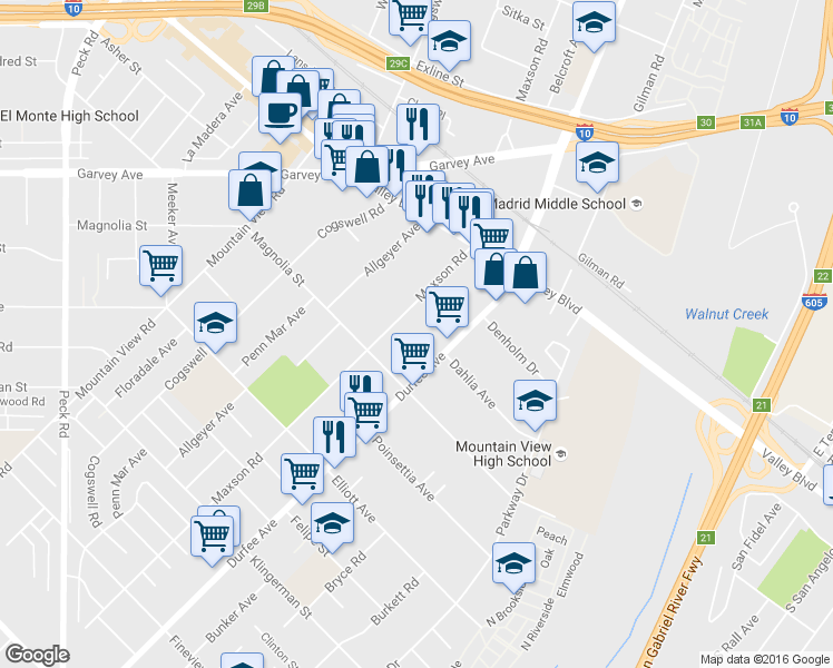 map of restaurants, bars, coffee shops, grocery stores, and more near 2884 Maxson Road in El Monte