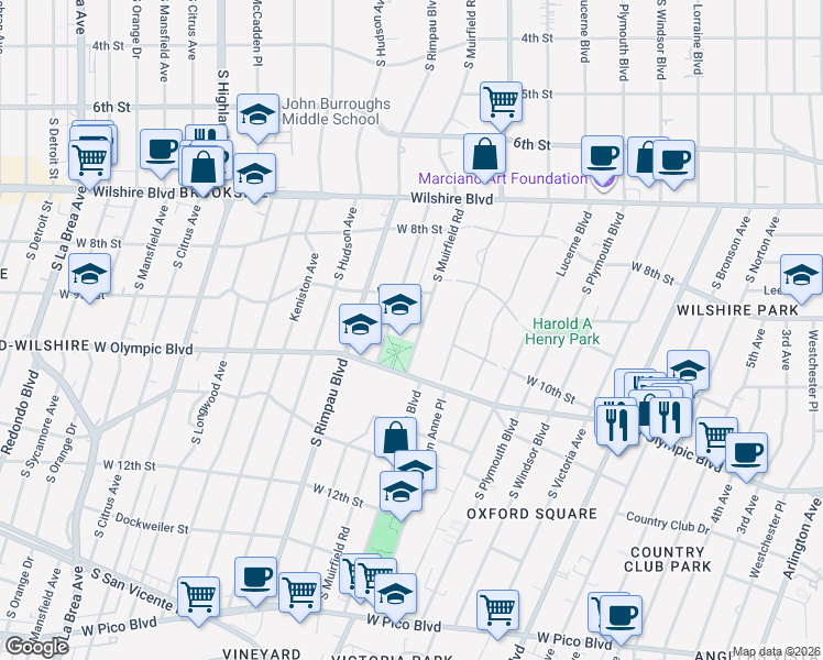 map of restaurants, bars, coffee shops, grocery stores, and more near 960 South Muirfield Road in Los Angeles