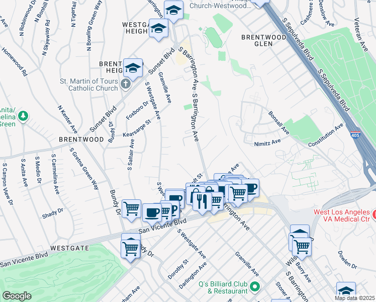 map of restaurants, bars, coffee shops, grocery stores, and more near 575 South Barrington Avenue in Los Angeles