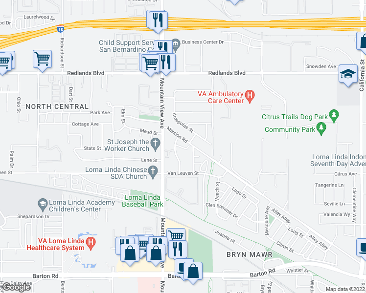 map of restaurants, bars, coffee shops, grocery stores, and more near 25797 Mission Road in Loma Linda