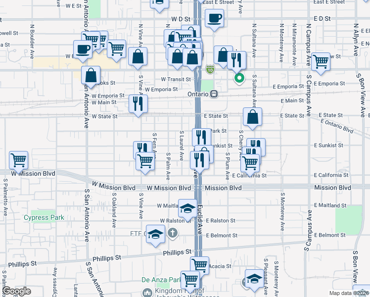 map of restaurants, bars, coffee shops, grocery stores, and more near 612 South Laurel Avenue in Ontario