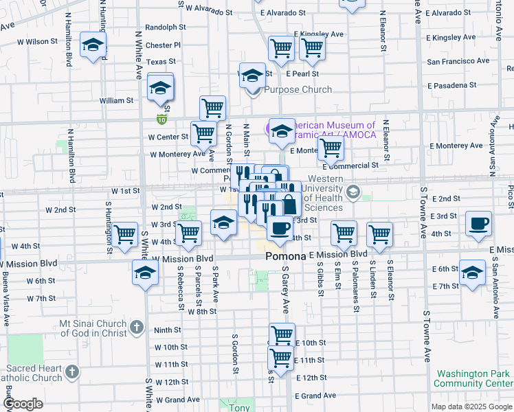 map of restaurants, bars, coffee shops, grocery stores, and more near 200 West 2nd Street in Pomona