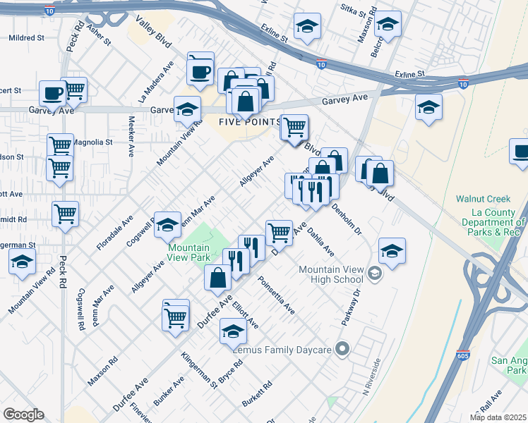 map of restaurants, bars, coffee shops, grocery stores, and more near 2810 Maxson Road in El Monte
