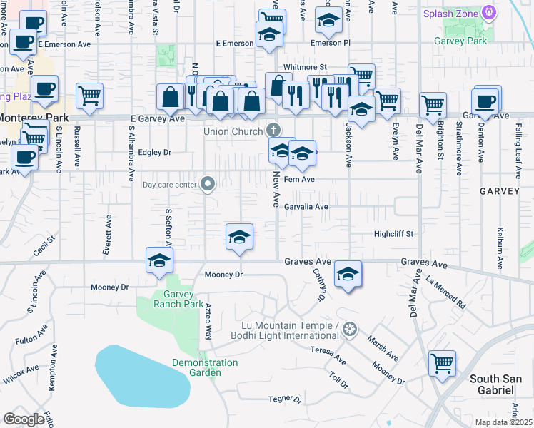 map of restaurants, bars, coffee shops, grocery stores, and more near 421 New Avenue in Monterey Park