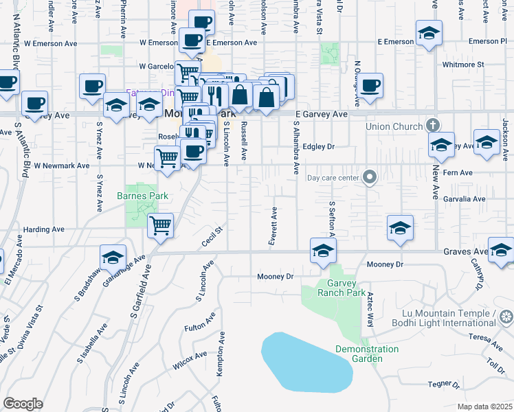map of restaurants, bars, coffee shops, grocery stores, and more near 420 Russell Avenue in Monterey Park