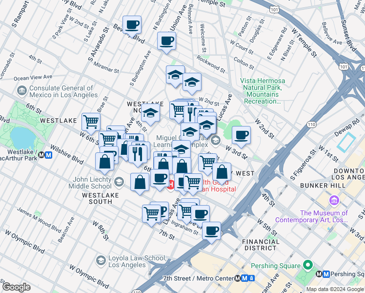 map of restaurants, bars, coffee shops, grocery stores, and more near 417 Witmer Street in Los Angeles