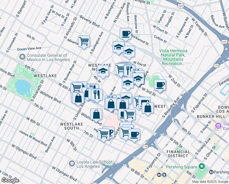map of restaurants, bars, coffee shops, grocery stores, and more near 417 Witmer Street in Los Angeles