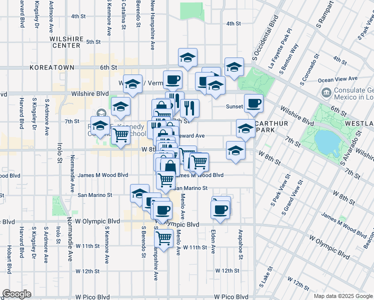 map of restaurants, bars, coffee shops, grocery stores, and more near 2936 West 8th Street in Los Angeles