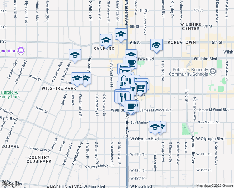 map of restaurants, bars, coffee shops, grocery stores, and more near 816 South Saint Andrews Place in Los Angeles