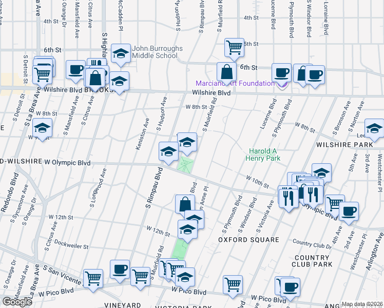 map of restaurants, bars, coffee shops, grocery stores, and more near 960 South Muirfield Road in Los Angeles