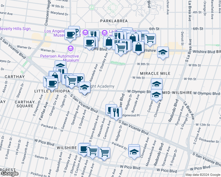 map of restaurants, bars, coffee shops, grocery stores, and more near in Los Angeles