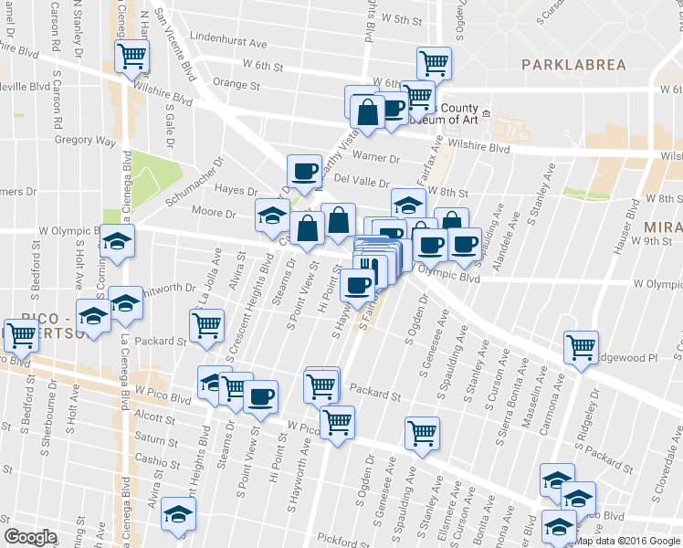 map of restaurants, bars, coffee shops, grocery stores, and more near 1036 Hi Point Street in Los Angeles