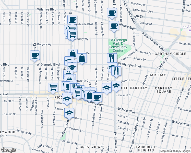 map of restaurants, bars, coffee shops, grocery stores, and more near 1064 South Bedford Street in Los Angeles
