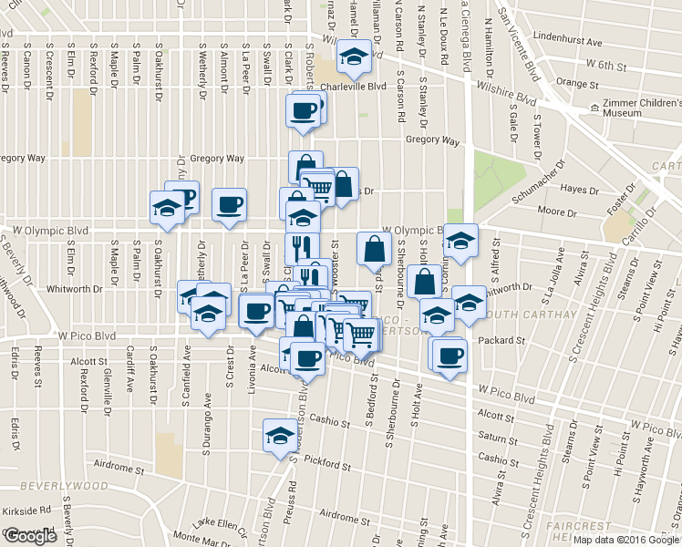 map of restaurants, bars, coffee shops, grocery stores, and more near 1060 South Shenandoah Street in Los Angeles