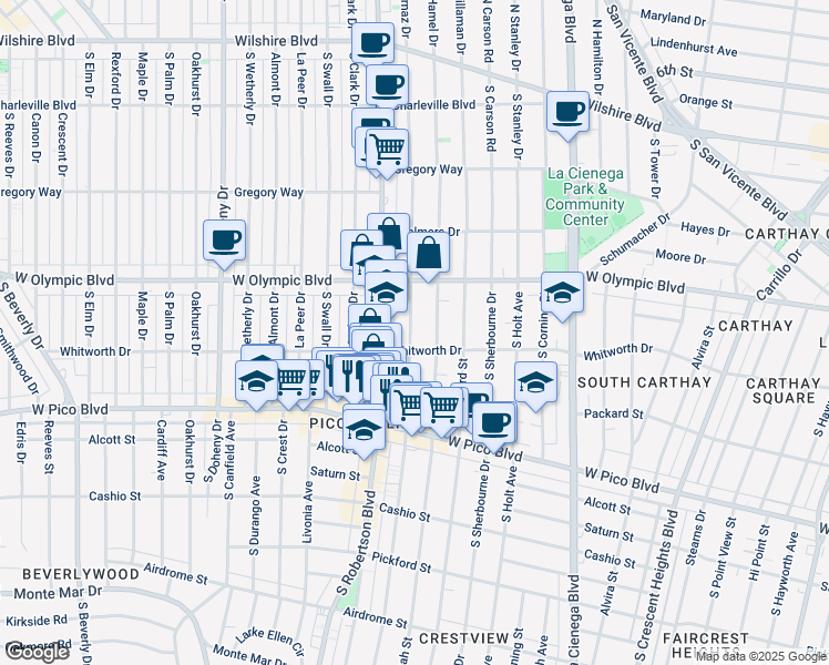 map of restaurants, bars, coffee shops, grocery stores, and more near 1059 South Wooster Street in Los Angeles