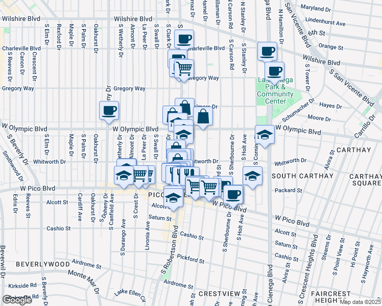 map of restaurants, bars, coffee shops, grocery stores, and more near 1059 South Wooster Street in Los Angeles