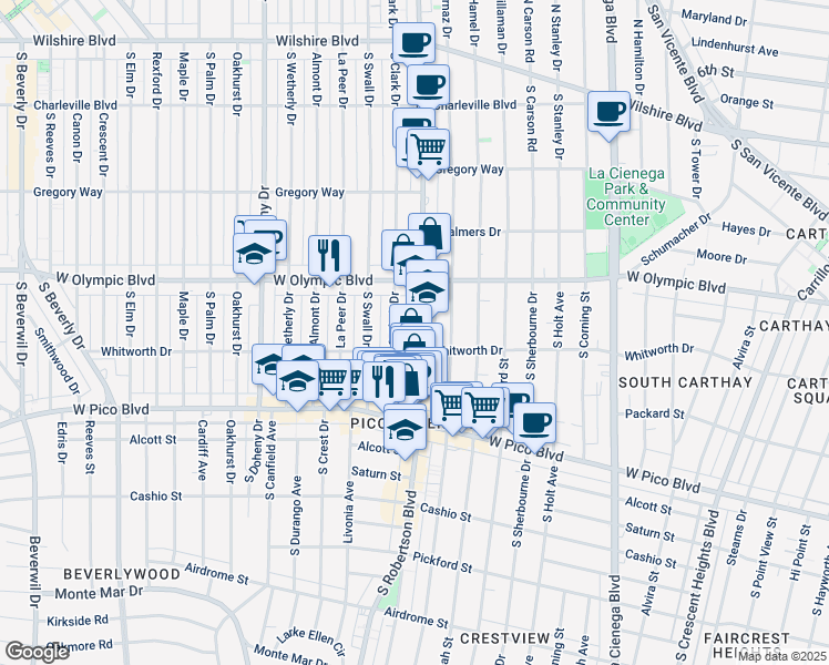 map of restaurants, bars, coffee shops, grocery stores, and more near 466a South Clark Drive in Beverly Hills