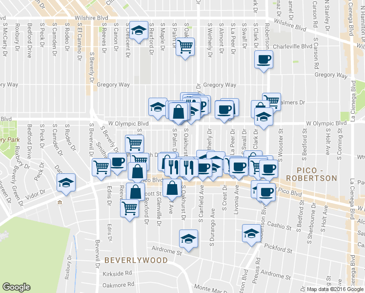 map of restaurants, bars, coffee shops, grocery stores, and more near 454 South Oakhurst Drive in Beverly Hills