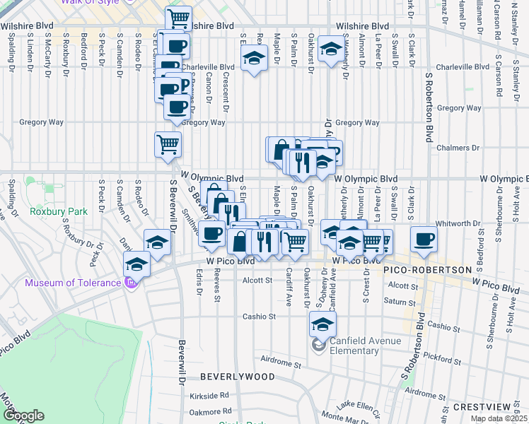 map of restaurants, bars, coffee shops, grocery stores, and more near 454 South Rexford Drive in Beverly Hills
