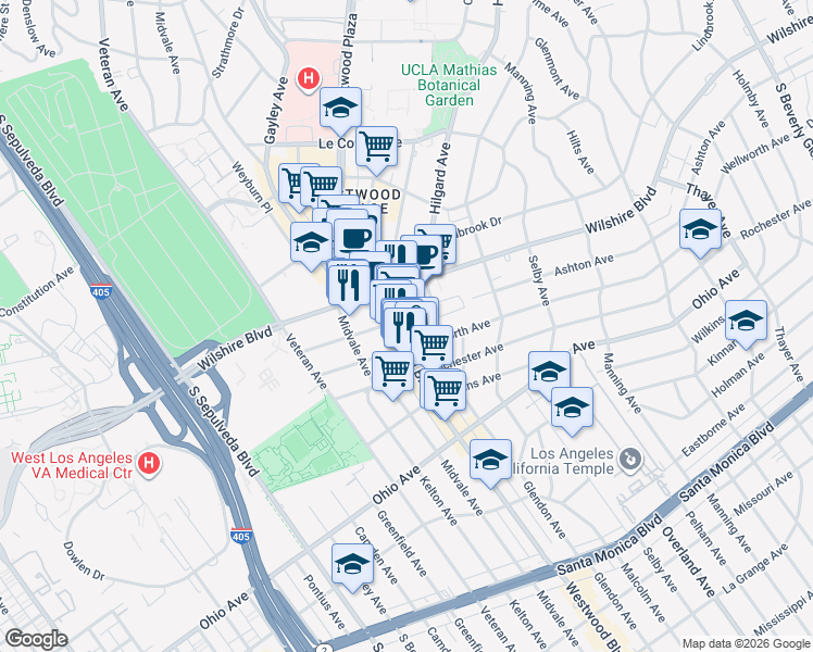 map of restaurants, bars, coffee shops, grocery stores, and more near 1234 Westwood Boulevard in Los Angeles