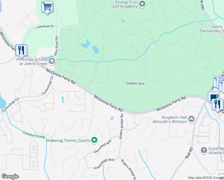 map of restaurants, bars, coffee shops, grocery stores, and more near 7425 Glenmaura Way in Suwanee