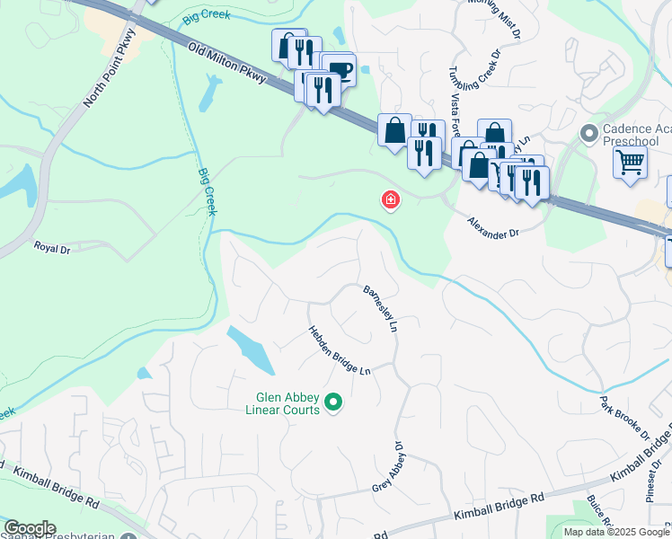 map of restaurants, bars, coffee shops, grocery stores, and more near 120 Burford Hollow in Alpharetta