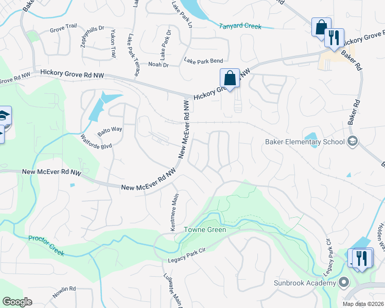 map of restaurants, bars, coffee shops, grocery stores, and more near 4344 Sentinel Place in Kennesaw