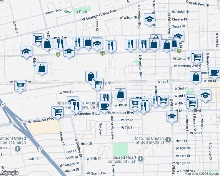 map of restaurants, bars, coffee shops, grocery stores, and more near 1317 West 2nd Street in Pomona