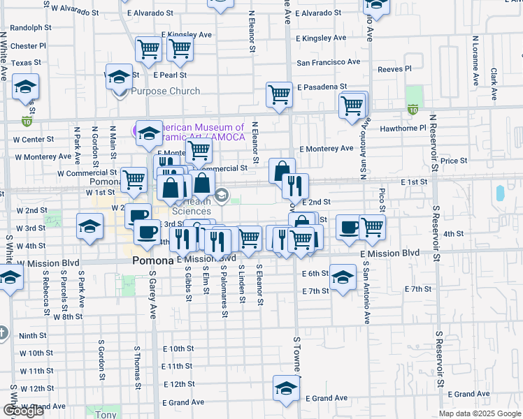 map of restaurants, bars, coffee shops, grocery stores, and more near 777 East 3rd Street in Pomona