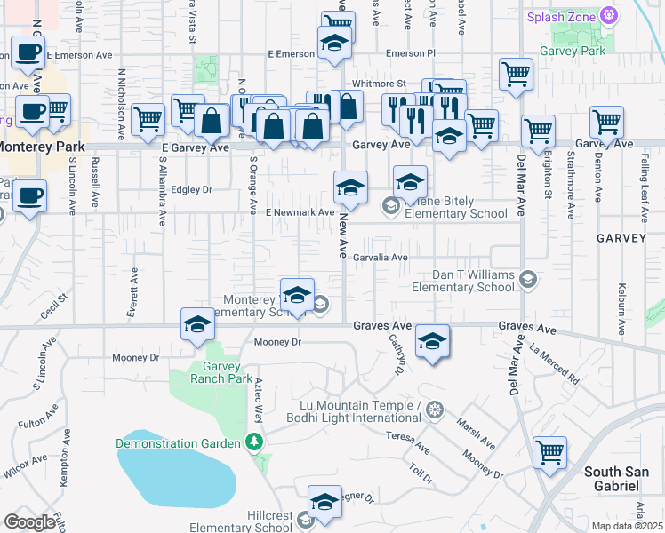 map of restaurants, bars, coffee shops, grocery stores, and more near 413 South New Avenue in Monterey Park