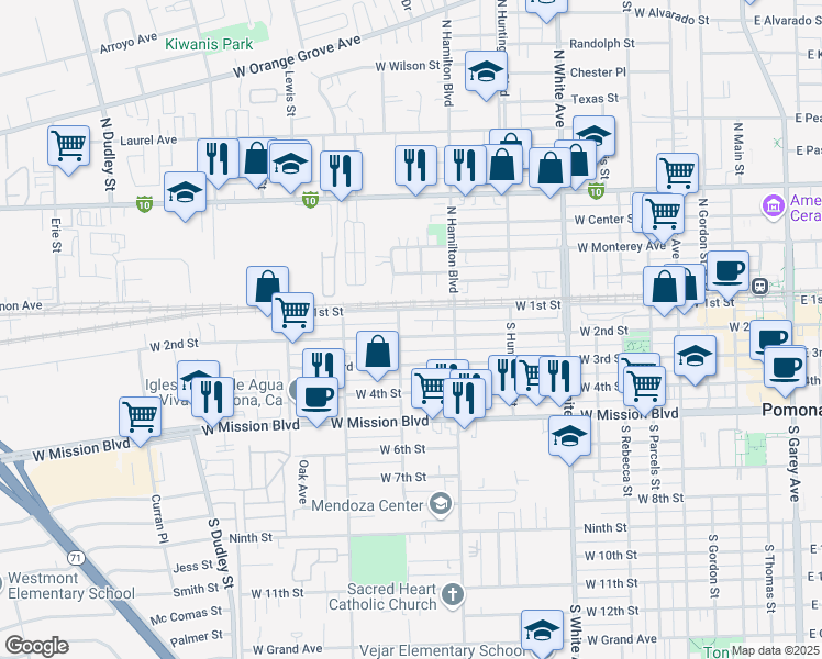map of restaurants, bars, coffee shops, grocery stores, and more near 1181 West 2nd Street in Pomona