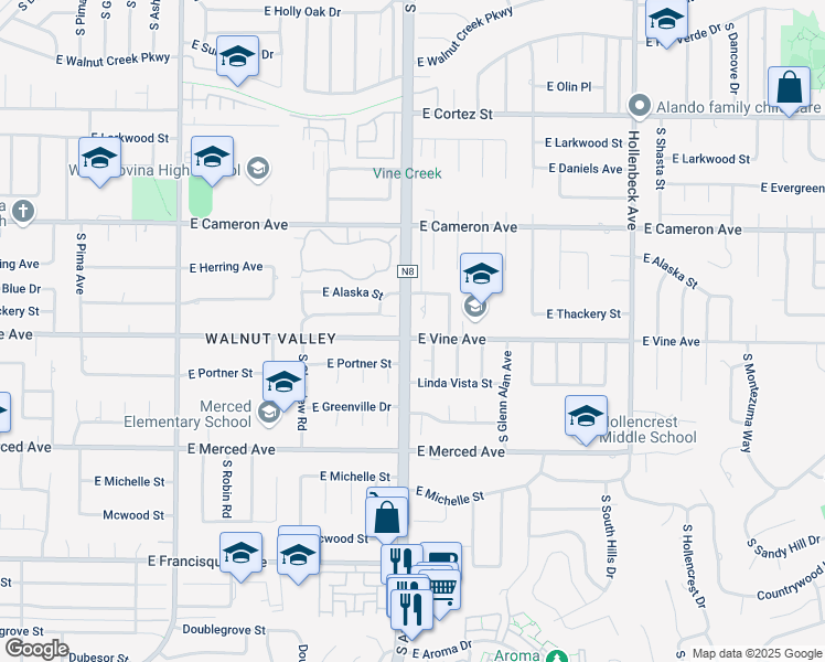 map of restaurants, bars, coffee shops, grocery stores, and more near 1805 East Vine Avenue in West Covina