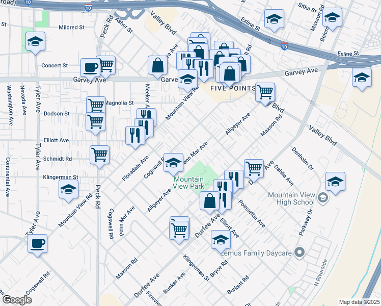map of restaurants, bars, coffee shops, grocery stores, and more near 2659 Penn Mar Avenue in El Monte