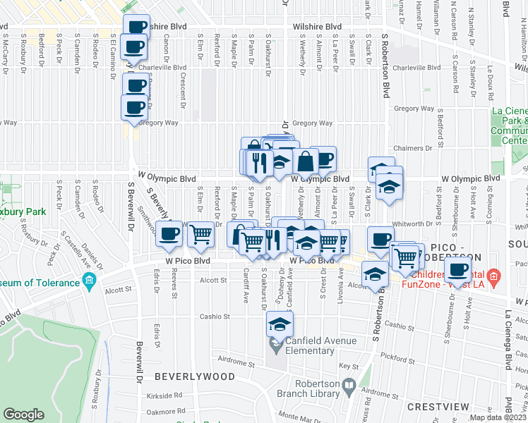 map of restaurants, bars, coffee shops, grocery stores, and more near 451 South Oakhurst Drive in Beverly Hills